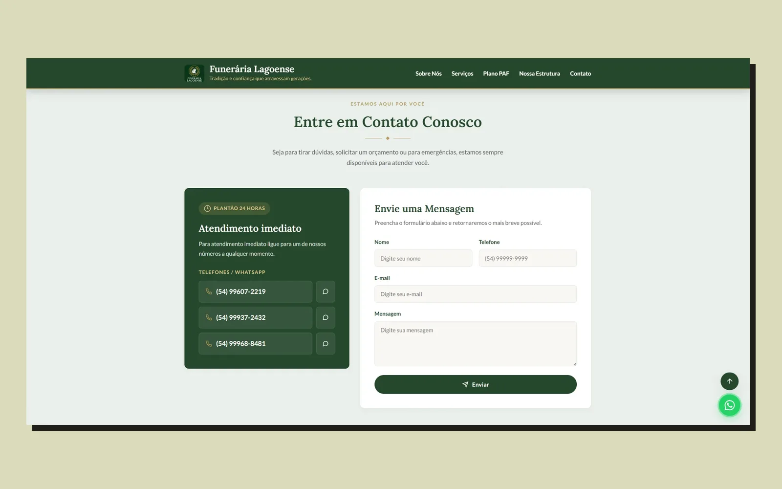 Seção de contato: plantão 24 horas com telefones e WhatsApp e formulário com nome, telefone, e-mail e mensagem