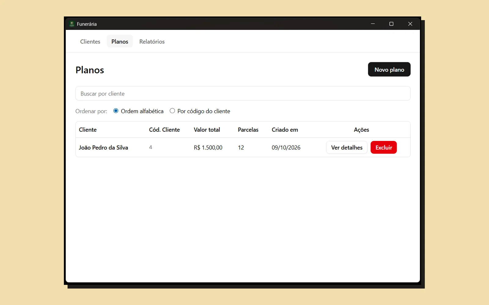 Tela de planos do sistema, com busca por cliente, ordenação e a lista de planos cadastrados