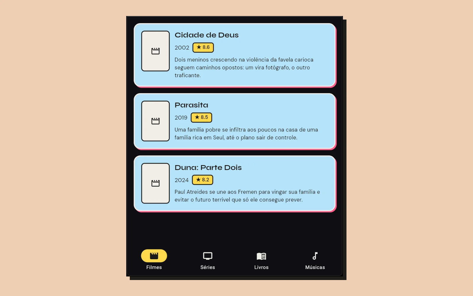 Tela de filmes do Poply: cards com pôster, título, ano, nota e sinopse, e a barra de navegação com Filmes, Séries, Livros e Músicas